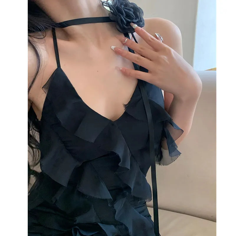 Summer Women's Suspender Dress Sleeveless Holiday Romantic Sexy Style Korean Fashion Irregular Black Chiffon Short Skirt Dress