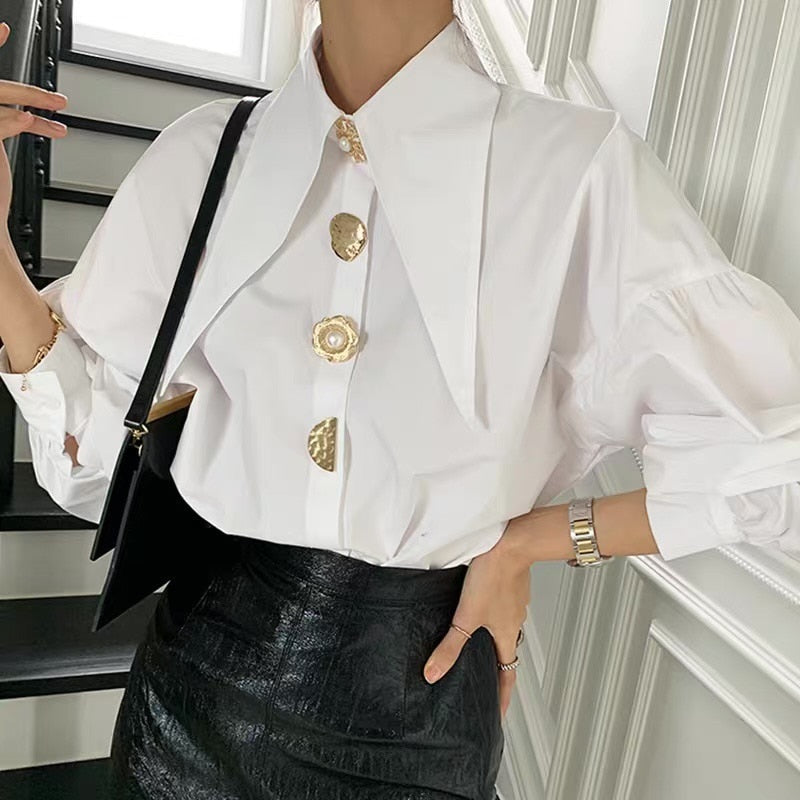 Women Shirts French Vintage Blouse White Spring Button Up Shirt Pointed Collar Long Puff Sleeve Pearl Button Solid Tops