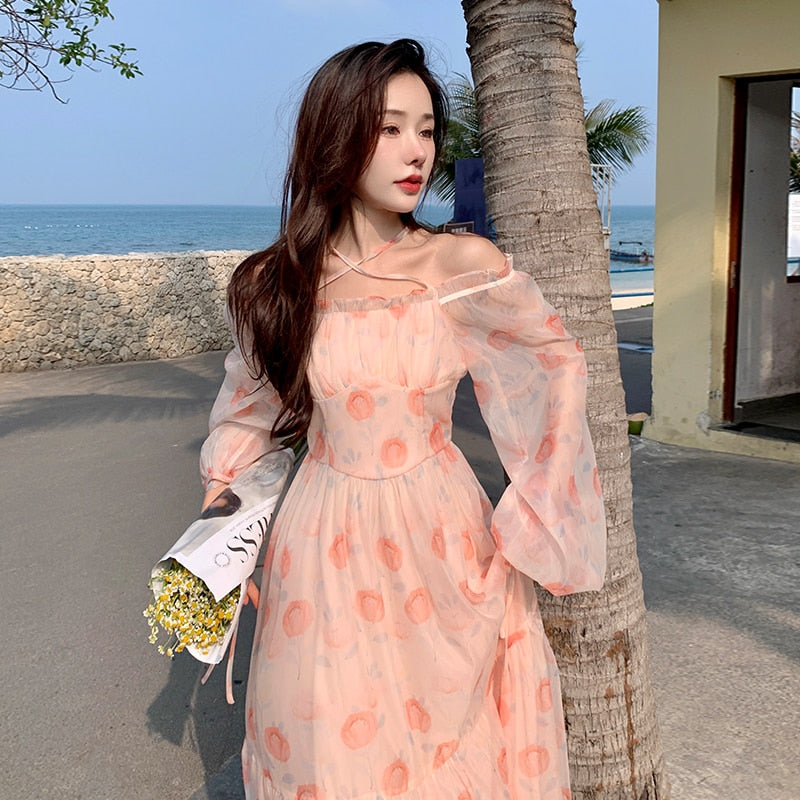 Holiday Pink Beach Dress Long Sleeve Floral Dress Women's Summer A-line Midi Princess Sweet Fairy Dress Sundress Femme Robe