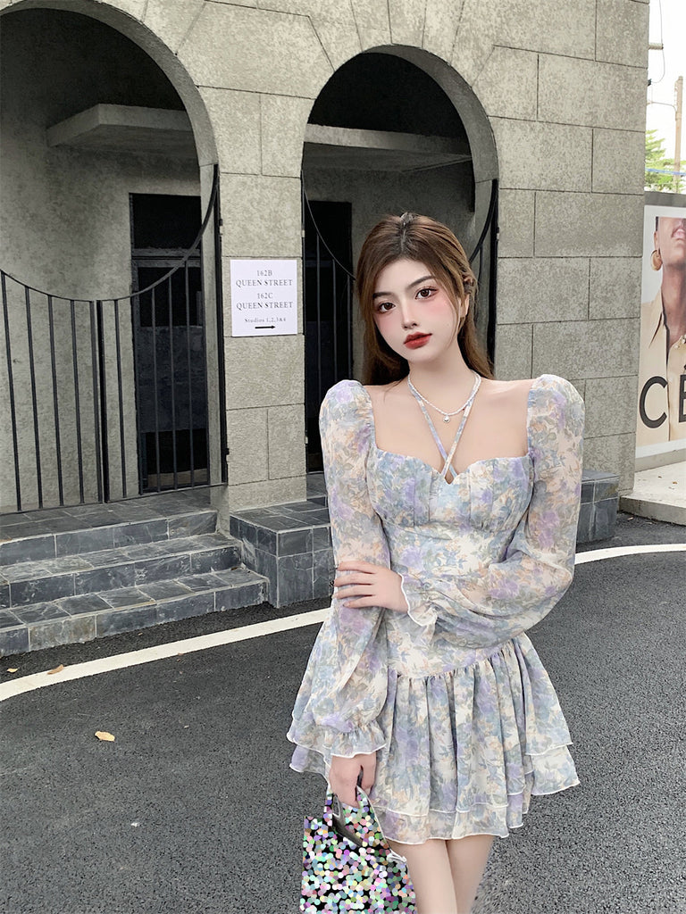 Goosudu  Sexy Floral One Piece Dress Korean Fashion Woman Puff Sleeve Y2k Mini Dress Casual Spring Design Elegant Short Party Dress