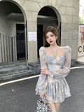 Goosudu  Sexy Floral One Piece Dress Korean Fashion Woman Puff Sleeve Y2k Mini Dress Casual Spring Design Elegant Short Party Dress