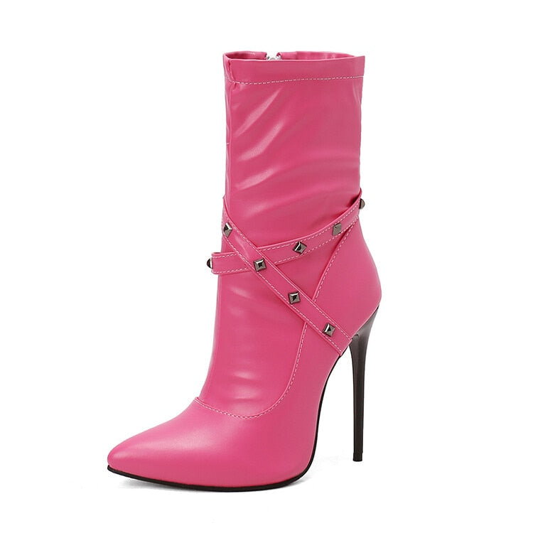 Punk Studs Sexy 12cm Stiletto Heels Boots Women Cross-band Pointy Toe Thin High Heeled Rose Red Green White Boot Zipper