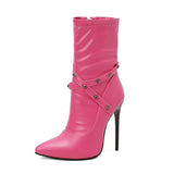 Punk Studs Sexy 12cm Stiletto Heels Boots Women Cross-band Pointy Toe Thin High Heeled Rose Red Green White Boot Zipper