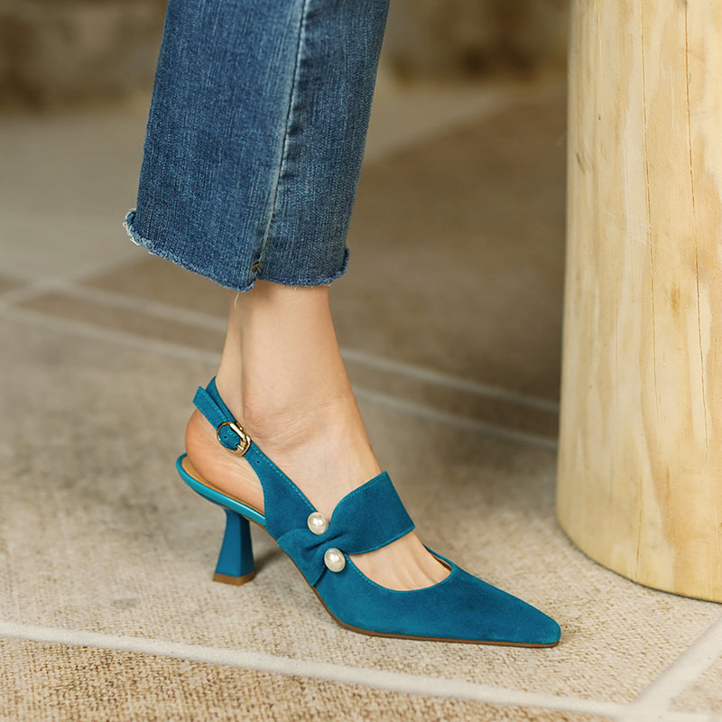 goosudu Party Prom Women Slingbacks Pumps Summer New Kid Suede Sandals Fashion Pointed Toe High Heels Shoes Woman Heels for Women