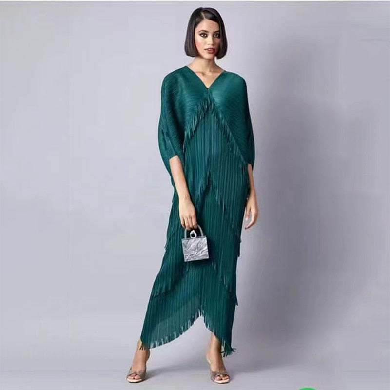 Pleated Dress Woman  Tassel Batwing Sleeve Loose Casual Style V Collar Long Dresses  Summer  Fashion Fast Delivery