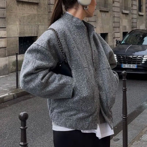 Spring Women's Bombers Jackets Grey Outwear With Button Solid Long Sleeve Top Oversized Coat Casual Loose Warm Female