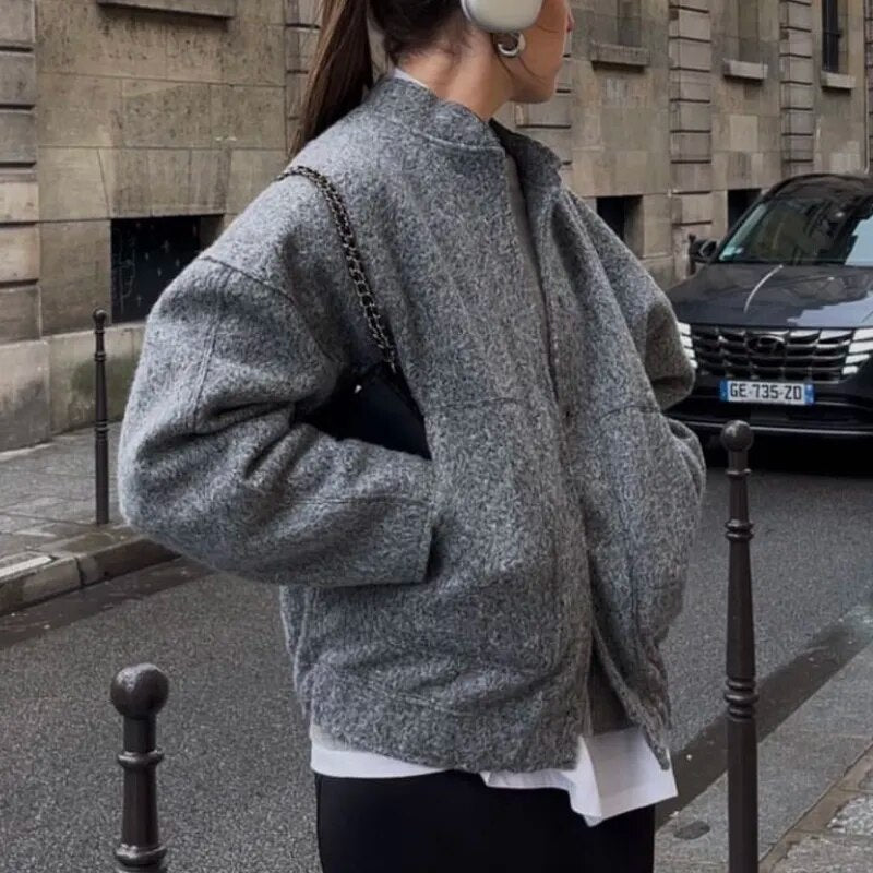 Spring Women's Bombers Jackets Grey Outwear With Button Solid Long Sleeve Top Oversized Coat Casual Loose Warm Female