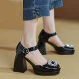 goosudu Women Shoes Summer  Leather Thick High Heels Platform Shoes Black Beige Sweet Dress Party Wedding Mary Janes Pumps