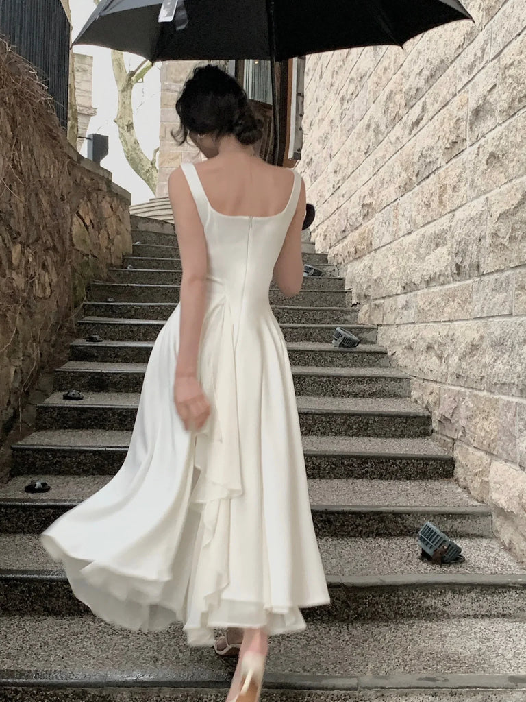 Elegant Sleeveless Female A-line Dress Summer Ladies Vestidos Spaghetti Strap Slim Waist Mesh Patchwork Women Dress