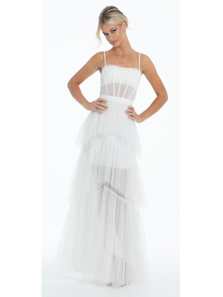 Summer Women'S Dresses One-line Neck Suspender Sleeveless Solid Color Dress Sexy Open Back Mesh White Cake Long Dress