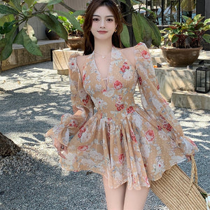 Long Sleeved Floral Dress Summer French Chiffon V-Neck Off Shoulder Slim Halterneck Mini Women Short Sundress Beachwe
