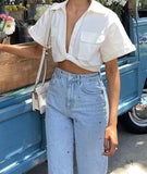 goosudu  Women's Crop Top Collared Short Sleeve Shirt Women Summer Knotted Linen Blouse Woman Streetwear Casual Blouses