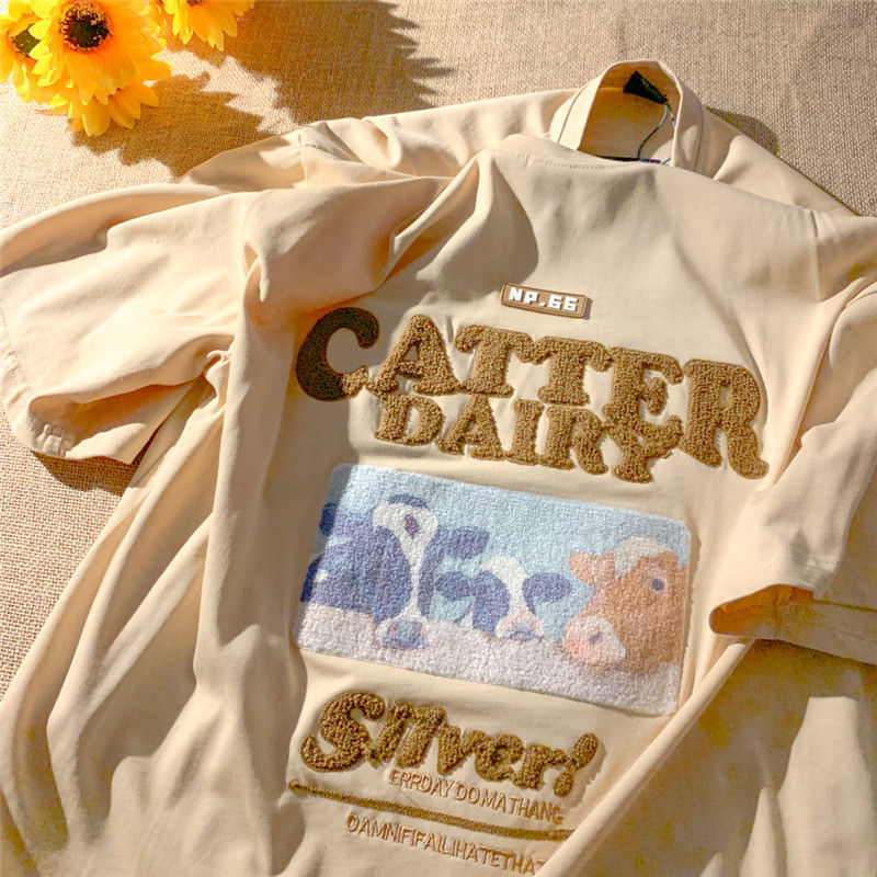 High Quality Brand Cute Cow Print Embroidery T Shirts Kawaii Clothes Teens Men Women Loose Summer Large 2XL Short Sleeve Tops