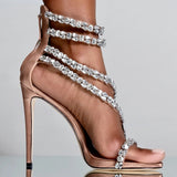 goosudu  Crystal Straps Women Sandals Back Zipper High Thin Heels Ankle Wrap Sandals Narrow Band Sweet Fashion Casual Party Female Pumps