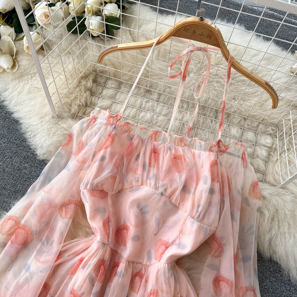 Holiday Pink Beach Dress Long Sleeve Floral Dress Women's Summer A-line Midi Princess Sweet Fairy Dress Sundress Femme Robe