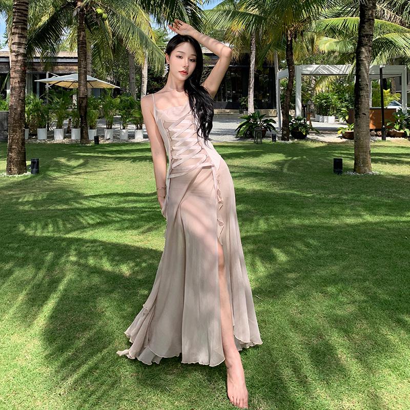 Women's Long Ball Princess Dresses Elegant Backless Spaghetti Strap Party Split Bandage Ruffled Dress Summer Sexy Fashion Boho