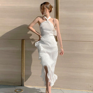 Summer Women Elegant Suspenders Midi Dress White Sexy Backless Ruffle Fishtail Dress Retro Luxury Ladies Clothing