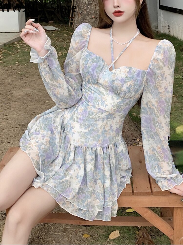 Goosudu  Sexy Floral One Piece Dress Korean Fashion Woman Puff Sleeve Y2k Mini Dress Casual Spring Design Elegant Short Party Dress