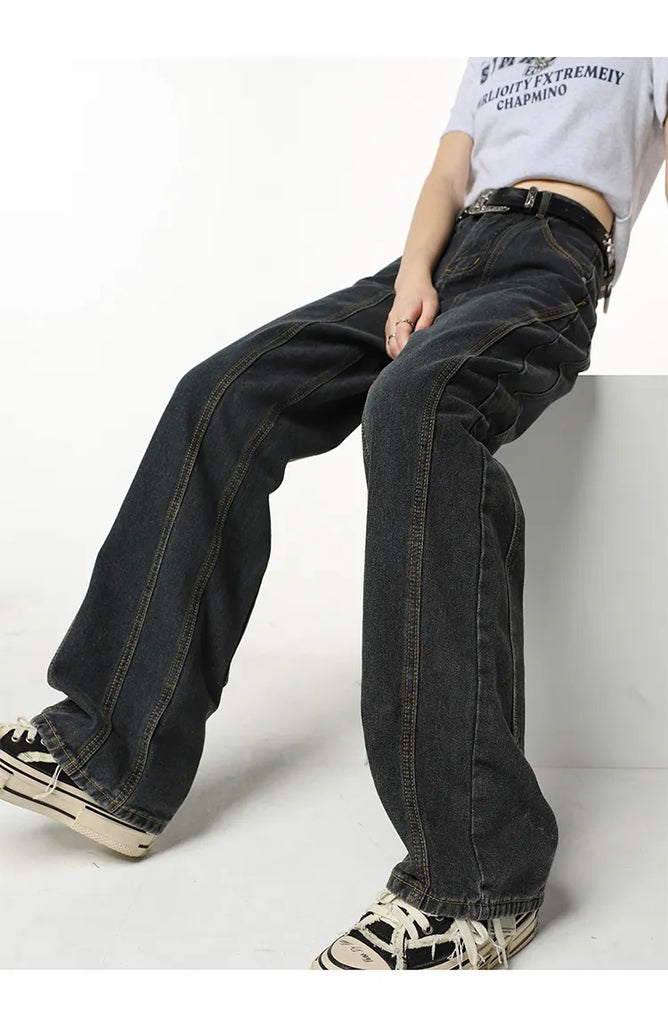 Winter Vintage Navy Blue High Waist Women Jeans American Fashion Streetwear Wide Leg Jean Female Trouser Straight Denim Pants