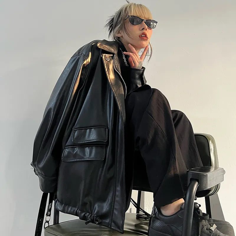 Spring Autumn Black Oversized Faux Leather Jackets for Women Zippper Loose Cool Casual Soft Pu Leather Jacket