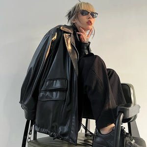 Spring Autumn Black Oversized Faux Leather Jackets for Women Zippper Loose Cool Casual Soft Pu Leather Jacket