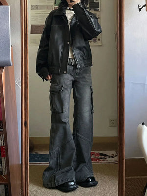 American Retro Bell Bottoms Washed Black Low Waist Slim Flare Jeans Women Fashion E-girl Cozy Denim Trousers Hiphop High Street