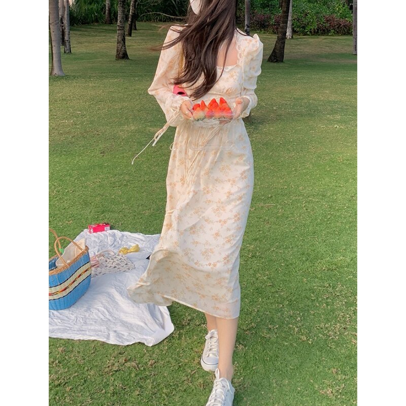 Summer Elegant Y2k Midi Dress Women Casual Lace One Piece Dress Korean Sweet Vintage Floral Dress Party Female Long Sleeve