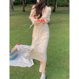 Summer Elegant Y2k Midi Dress Women Casual Lace One Piece Dress Korean Sweet Vintage Floral Dress Party Female Long Sleeve