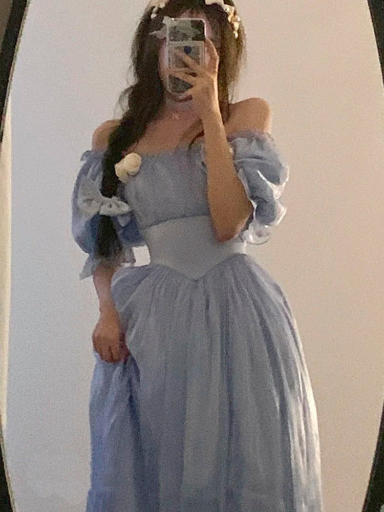 Vintage Elegant Midi Dresses Women Spring Blue Patchwork Retro Evening Party Dress French Sweet Korean Princess Fairy Dress