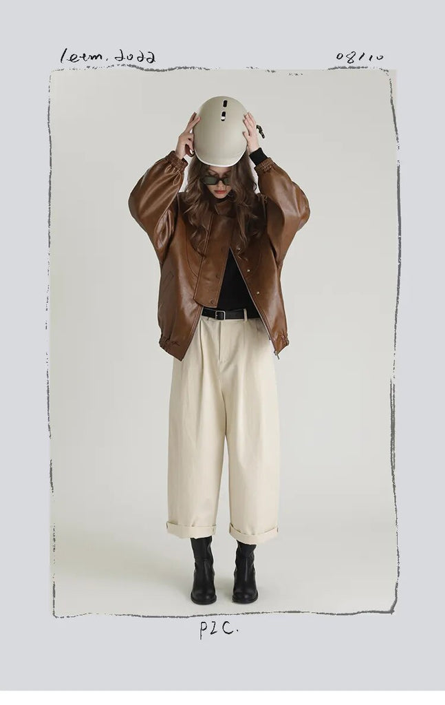 Spring Autumn Cool Oversized Brown Black Faux Leather Bomber Jacket Women Zip Up Luxury Designer Unisex Clothes