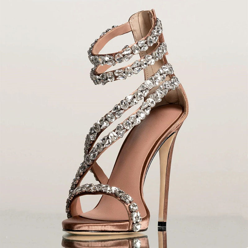 goosudu  Crystal Straps Women Sandals Back Zipper High Thin Heels Ankle Wrap Sandals Narrow Band Sweet Fashion Casual Party Female Pumps