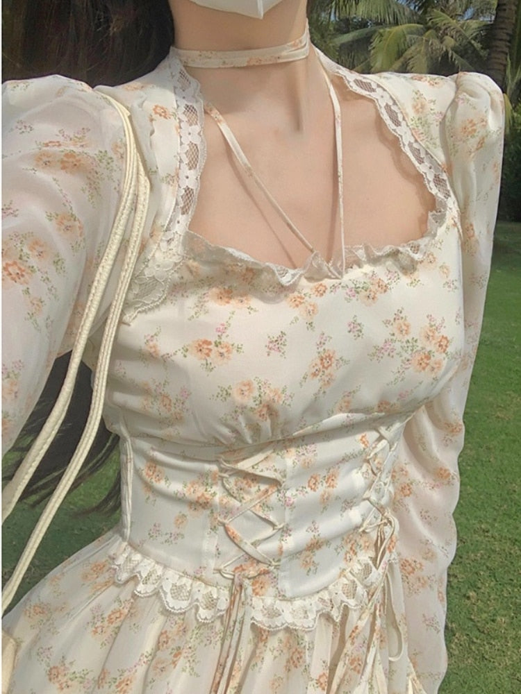 Summer Elegant Y2k Midi Dress Women Casual Lace One Piece Dress Korean Sweet Vintage Floral Dress Party Female Long Sleeve