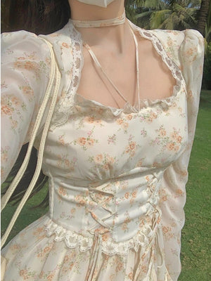 Summer Elegant Y2k Midi Dress Women Casual Lace One Piece Dress Korean Sweet Vintage Floral Dress Party Female Long Sleeve