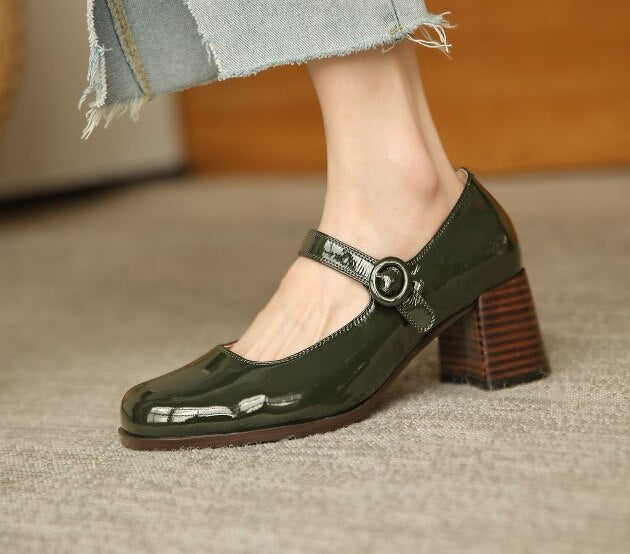 goosudu Woman‘s New Mary Janes Shoes Genuine Leather Shallow Square heel Pumps Buckle Strap Round Toe Lady Footwear