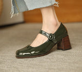 goosudu Woman‘s New Mary Janes Shoes Genuine Leather Shallow Square heel Pumps Buckle Strap Round Toe Lady Footwear