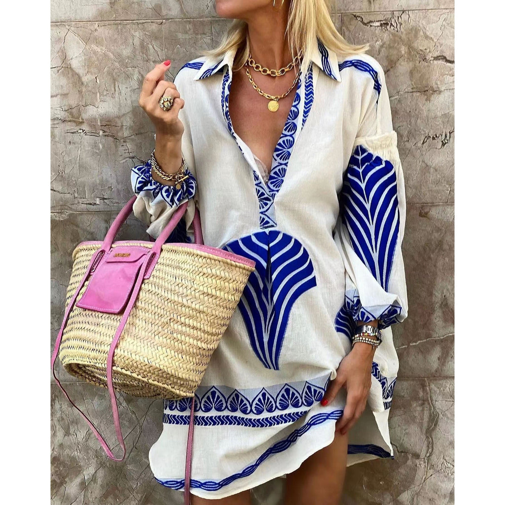 Foridol Fashion Geometric Print Blue Casual Loose Shirt Summer Dress Long Sleeve Spring Straight Short Vestidos Women Robe
