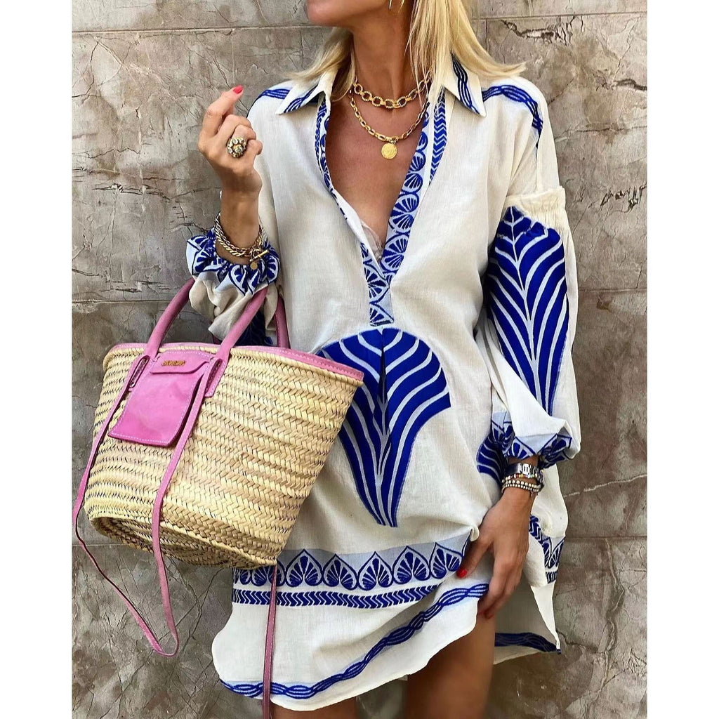 Fashion Geometric Print Blue Casual Loose Shirt Summer Dress Long Sleeve Spring Straight Short Vestidos Women Robe