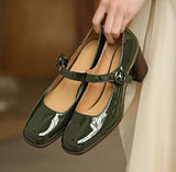 goosudu Woman‘s New Mary Janes Shoes Genuine Leather Shallow Square heel Pumps Buckle Strap Round Toe Lady Footwear