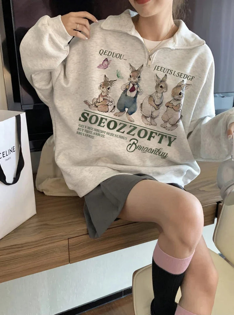 Hoodie for Woman Retro Gray Rabbit Y2k  Sweater Women Spring and Autumn Loose Oversize Harajuku Wind Casual Hundred Take Tops