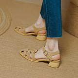 Summer Women Shoes Round Toe Women Sandals Casual Suede Shoes for Women Roman Heels Green Genuine Leather Mid Heels