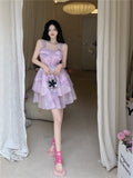 Holiday Sexy Spaghetti Strap Dress High Waist Sweet Mini Princess Dress Female Summer Purple Mesh Puffy Dress Robe Vestido