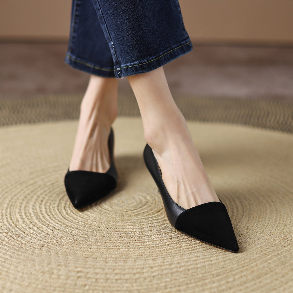 Pumps Shoes Women Mid Heel Fashion Sexy Spring Sheepskin Pointed Toe Thin Heel Office Party Black Handmade Shoe Big Size 42