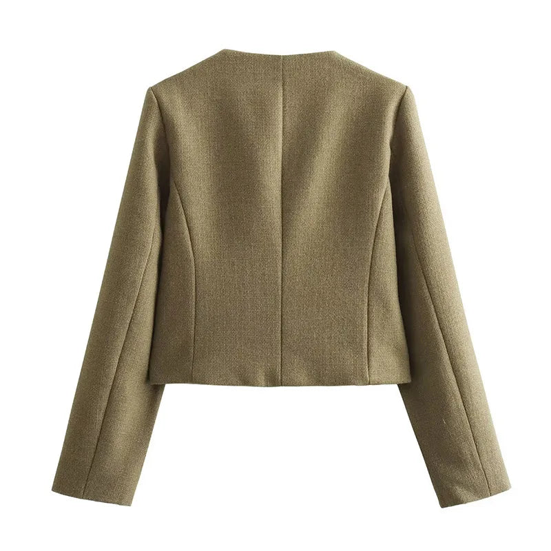 Fashon Tweed Jacket For Women Autumn Winter Long Sleeve Single Breasted Cropped Coat Female Solid O-neck Pocket Outwear Top