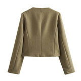 Fashon Tweed Jacket For Women Autumn Winter Long Sleeve Single Breasted Cropped Coat Female Solid O-neck Pocket Outwear Top