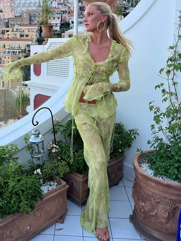 Summer Chiffon Fashion Maxi Skirt cover-up Women Elegant High Waist printed Holiday See-Through Printed Female Long Skirt