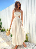goosudu Spaghetti Strap Waist Hollow Out Beige Summer Maxi Long Dress Solid Elegant Backless Sundress Casual Women Dress