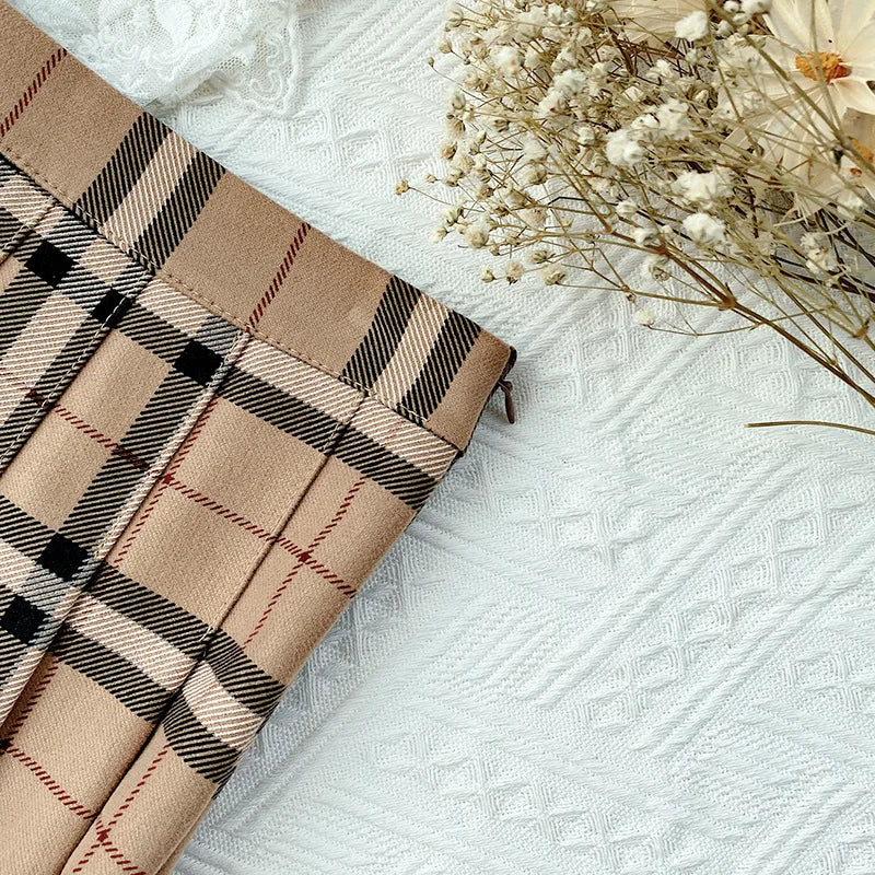 Contrast Color Plaid Striped Skirt Korean Version of Pleated Skirt Autumn High Waist A Line Plaid Mini Skirt Student Style Sweet