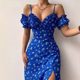 Aieru Sexy Sling Ruffle Strapless Slit Party Dress Women Summer Elegant Off Shoulder V Neck Long Dress Spring Floral Print Slim Dress