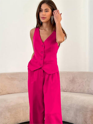 Fashion Women Button Vest And Wide Leg Pant Sets Spring Summer Tank Loose Straight Trouser 2pc Sets Commuter Office Lady Outfits