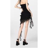 Summer Women's Suspender Dress Sleeveless Holiday Romantic Sexy Style Korean Fashion Irregular Black Chiffon Short Skirt Dress
